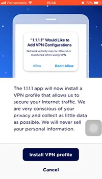 Nhấn chọn “Install VPN profile” để cấp quyền cho phần mềm truy cập vào thiết bị của anh em