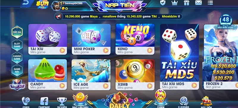 Nhấn chọn “nạp tiền” ở chính giữa giao diện chính của cổng game